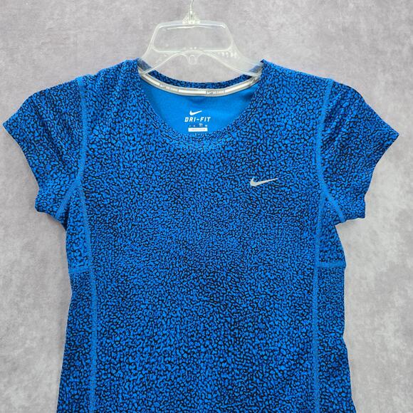 Nike Di Fit Blue Black Print Short Sleeve Active Running Tshirt XS Extra Small - Picture 3 of 7